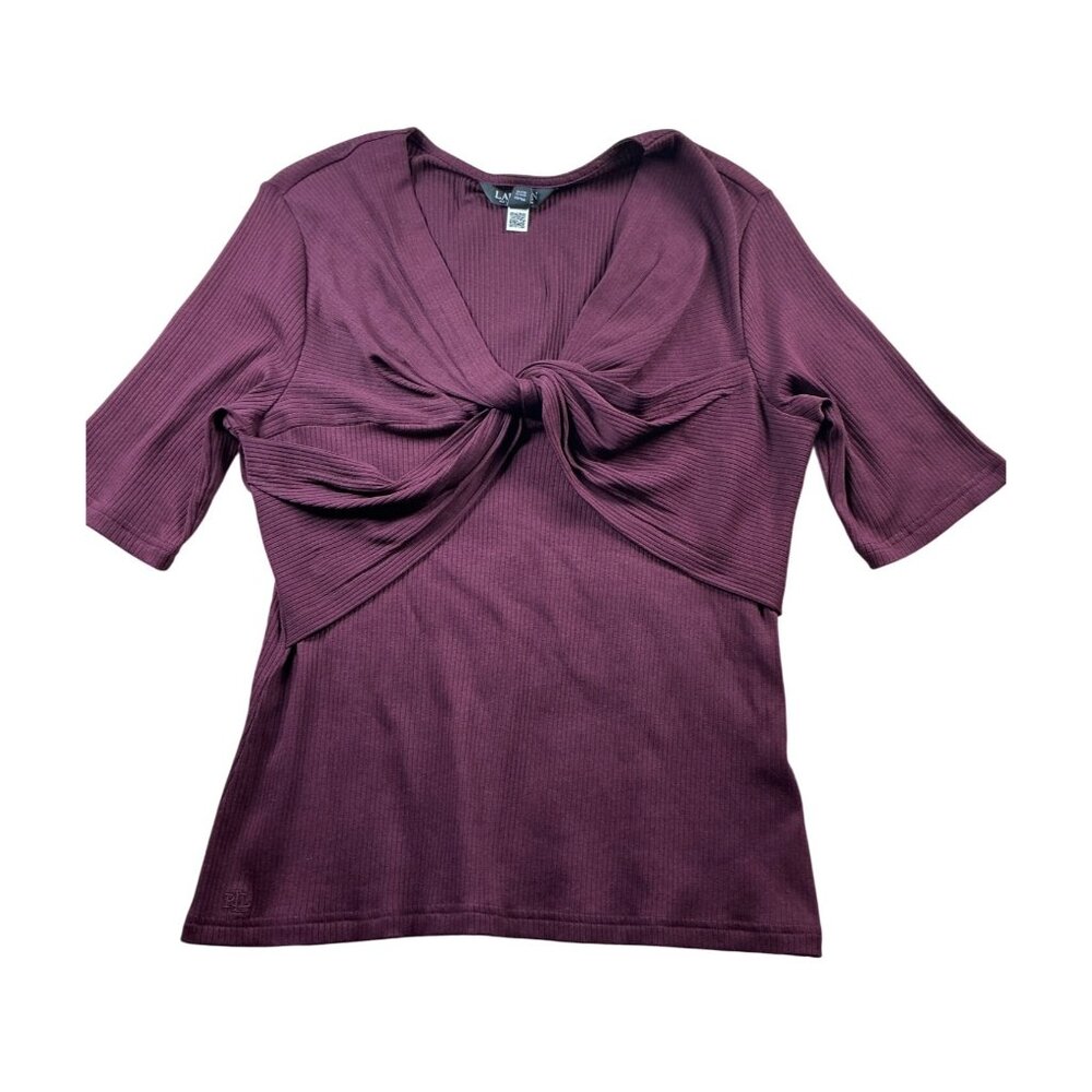 Ralph Lauren -Twist-Front Rib-Knit Cotton-Blend Tee - Burgundy -Large